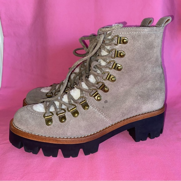 Jeffrey Campbell Gray Suede Lace Up Boots Sherpa Culvert White Cream Beige 6.5 8 - Picture 10 of 13